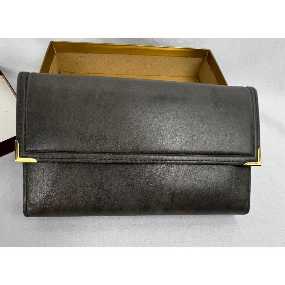 VTG Princess Gardner Leather Checkbook Wallet Gray Gold Kiss Lock Clutch Box